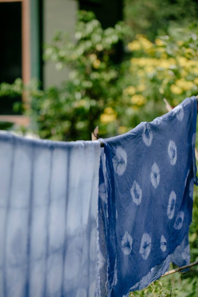 Fabrics with indigo paint and ornament in garden